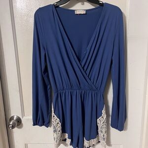 Blue Lace-Trim Long Sleeve Romper